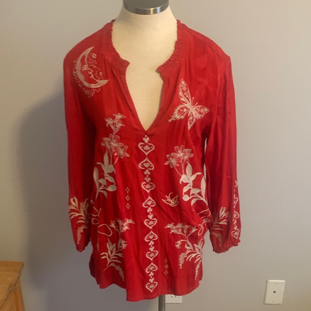 Johnny Was Red Blouse with White Embroidery